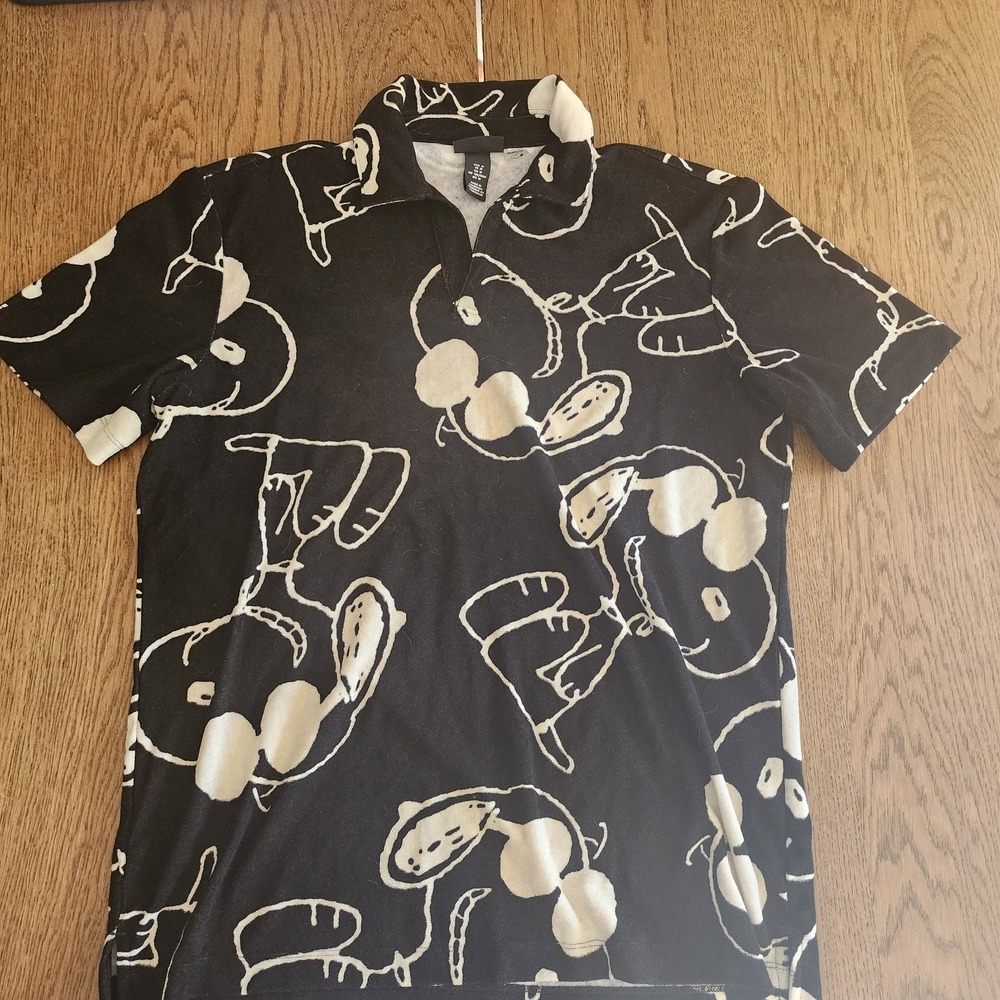 Peanuts Polo Shirt Men's Black Snoopy Soft Sz M A21